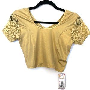 Gold Scoopneck Stretchy Lace Crop Top Blouse XL